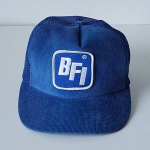 Vintage BFI Trucker Hat Corduroy 80s SnapBack Patch Baseball Cap Blue White